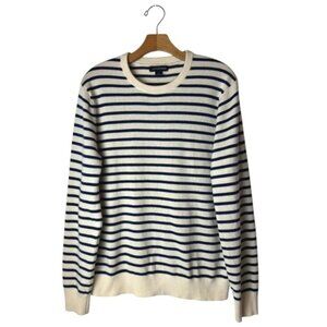 Lands End Sweater Men Medium Blue Ivory Stripe Cashmere Crew Neck Knit Preppy